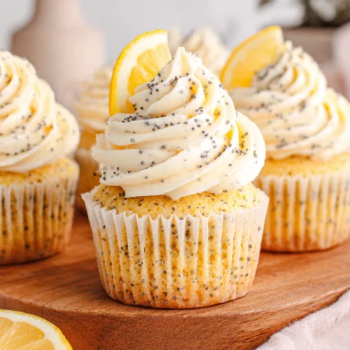 Lemon poppyseed cupcakes with lemon frosting.