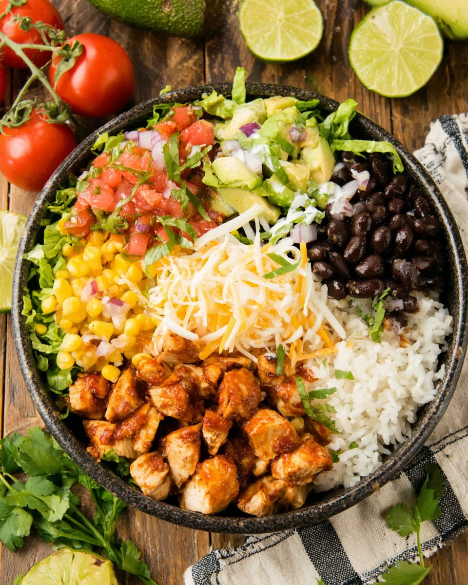 Low calorie chicken burrito bowl with rice, chicken, beans, and veggies