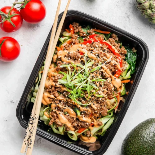 Low-carb meal prep dish with savory flavors, perfect for healthy eating.