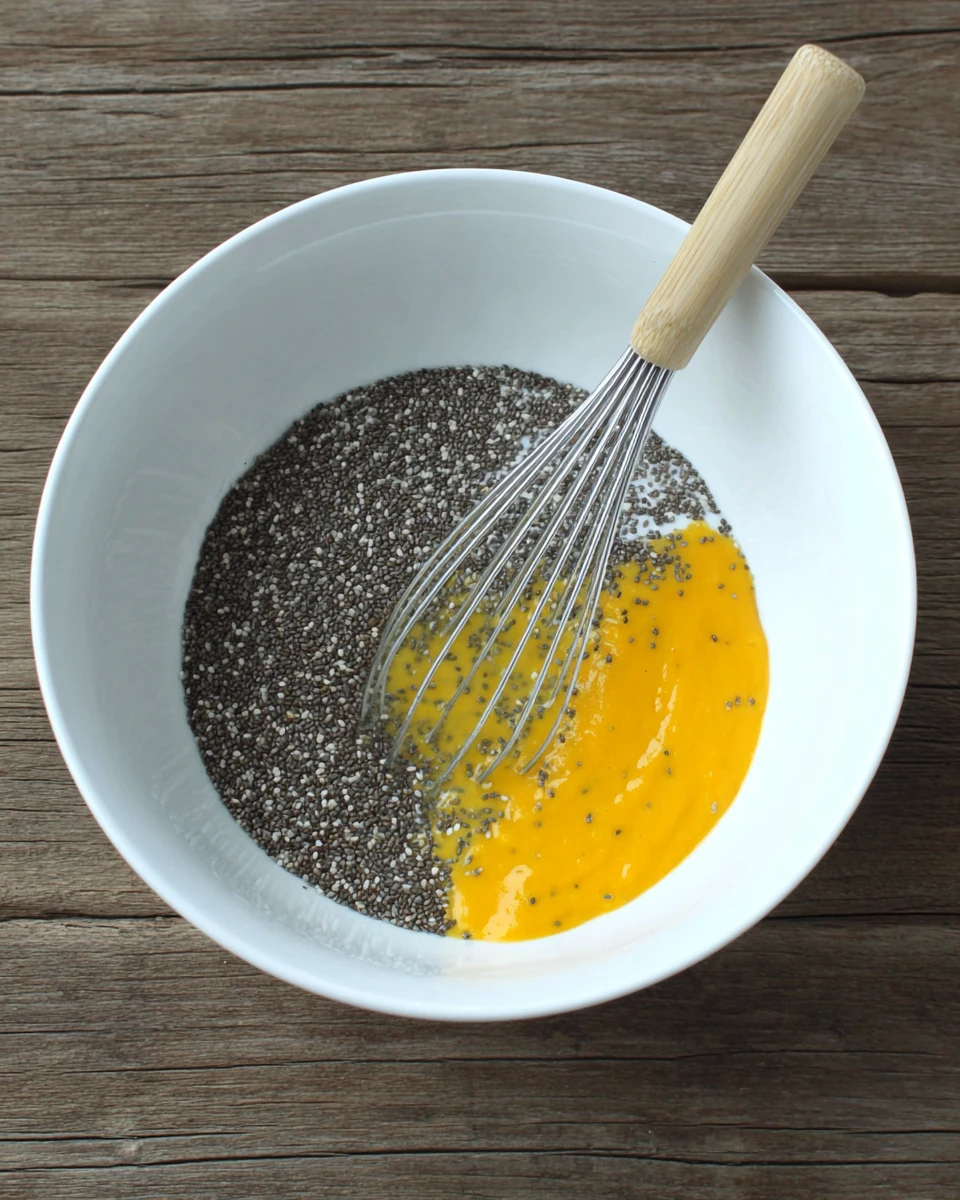 Mango chia pudding ingredients being mixed.