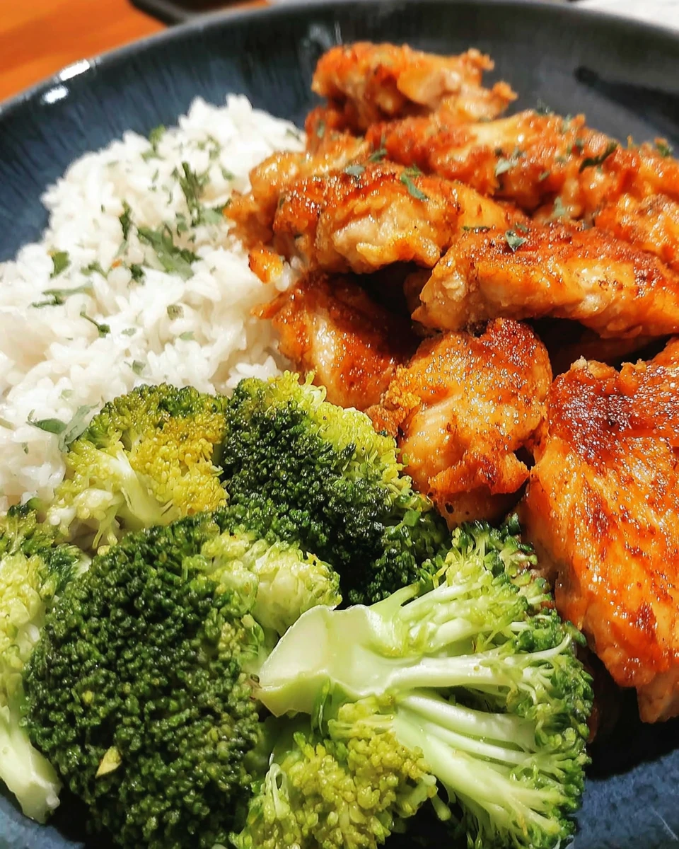 Healthy meal prep chicken with broccoli and jasmine rice.