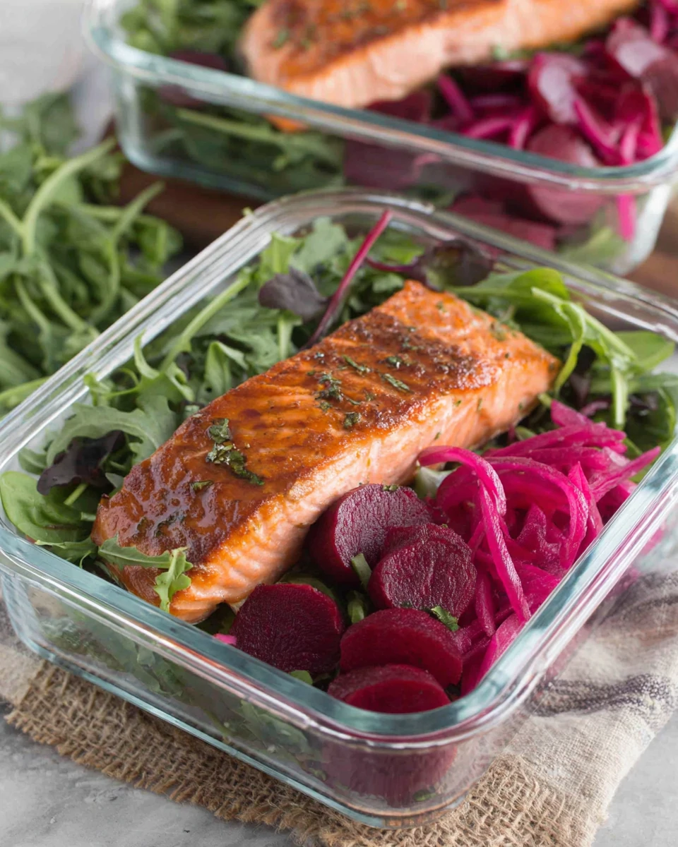 Meal prep salmon with veggies in a glass container.