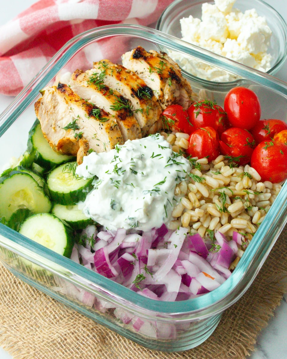 Mediterranean lunch bowl with chicken, veggies, and tzatziki sauce.