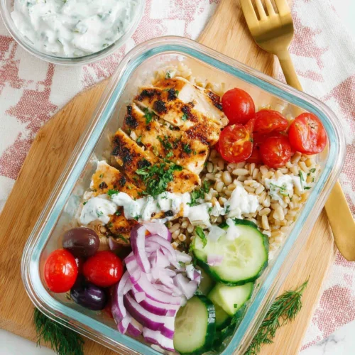 Mediterranean lunch bowl with chicken, farro, veggies, and tzatziki.