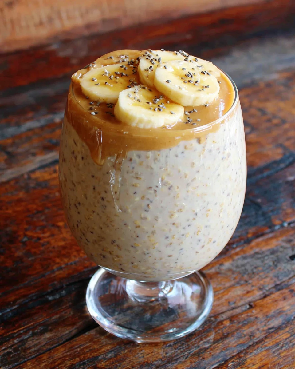 Peanut butter banana oats in a glass with bananas on top.