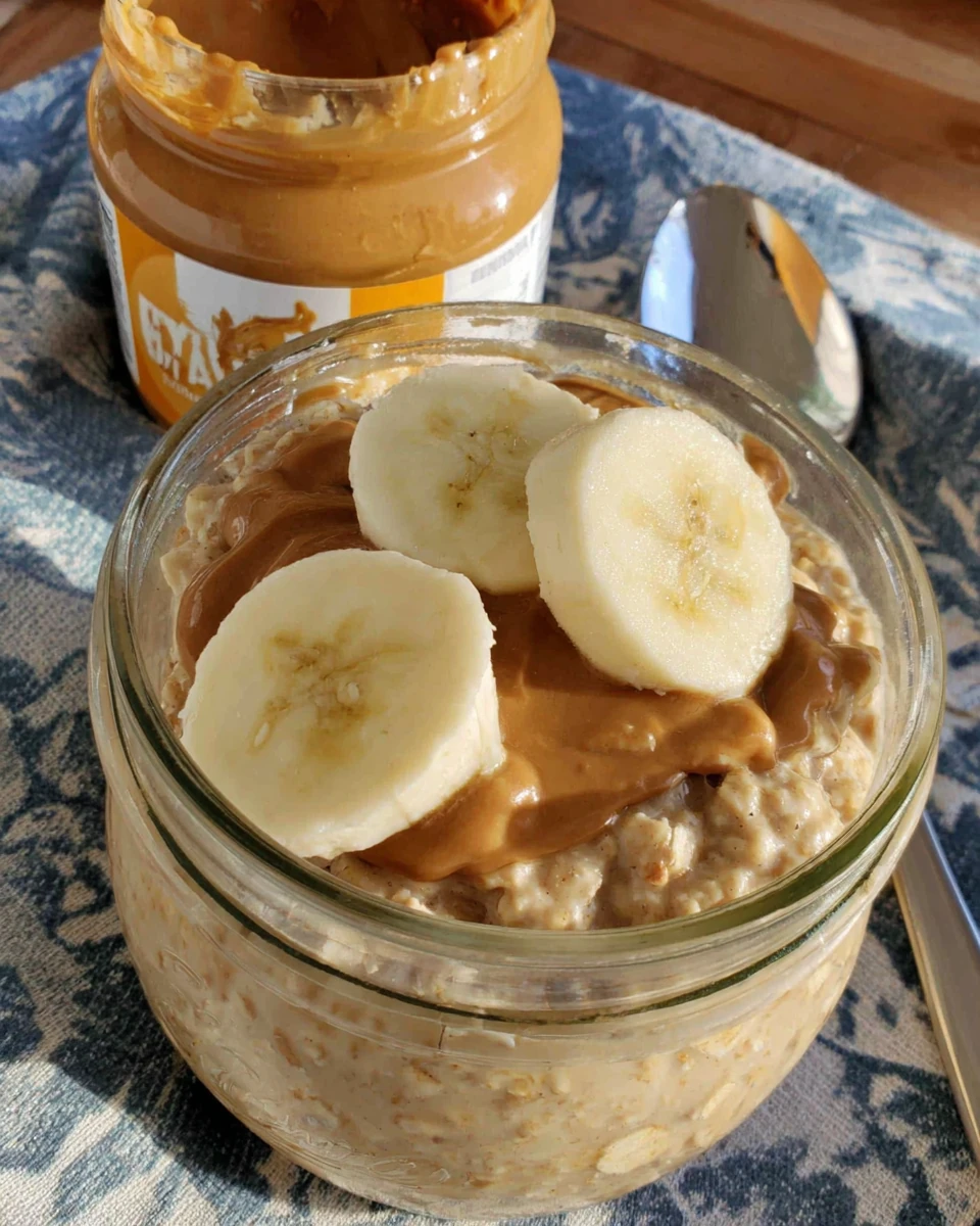 Delicious peanut butter banana overnight oats topped with banana slices.