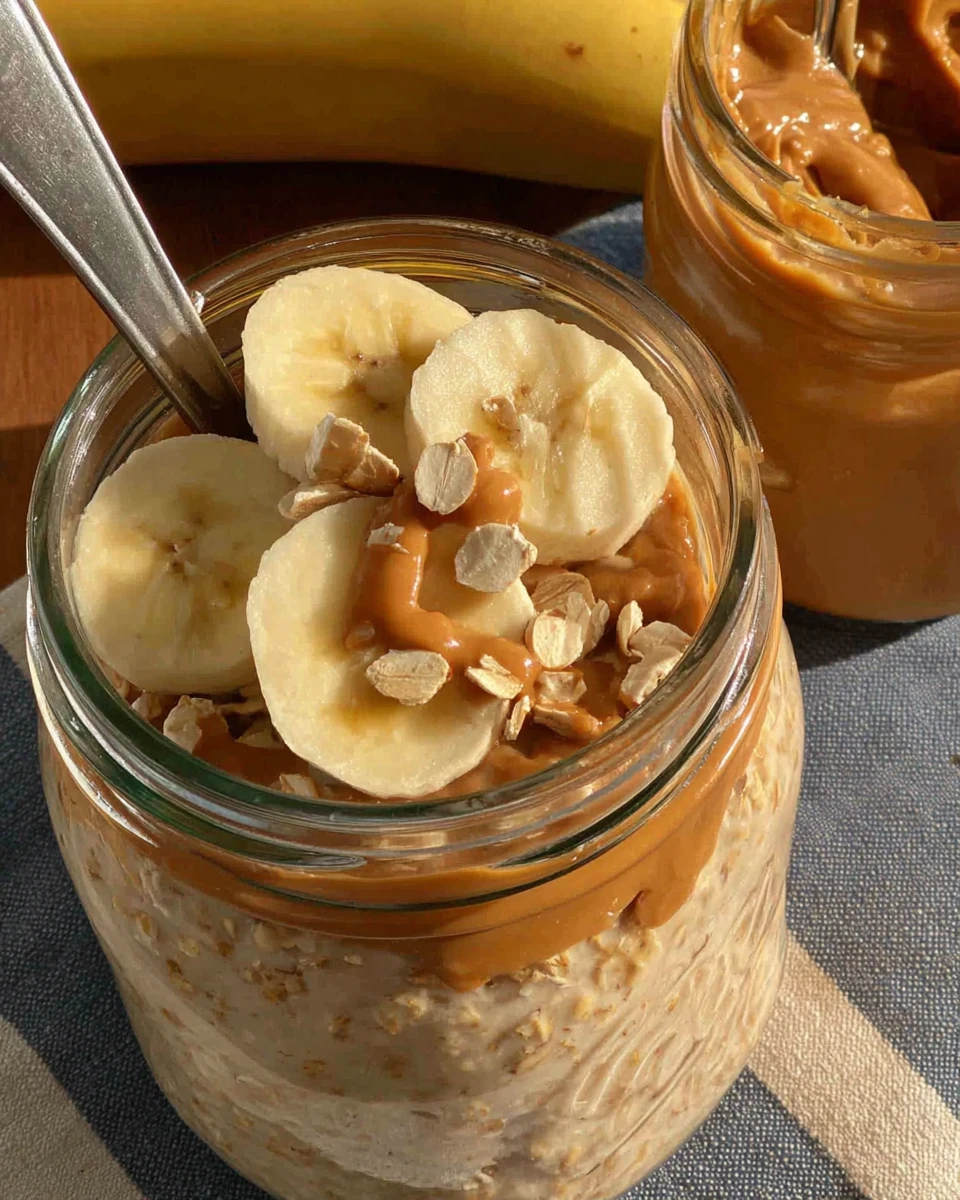 Peanut butter banana overnight oats topped with banana slices.