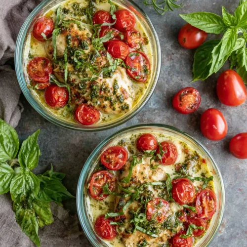 Healthy pesto chicken with orzo and cherry tomatoes.