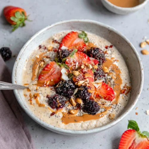 Delicious protein chia pudding with fresh toppings.