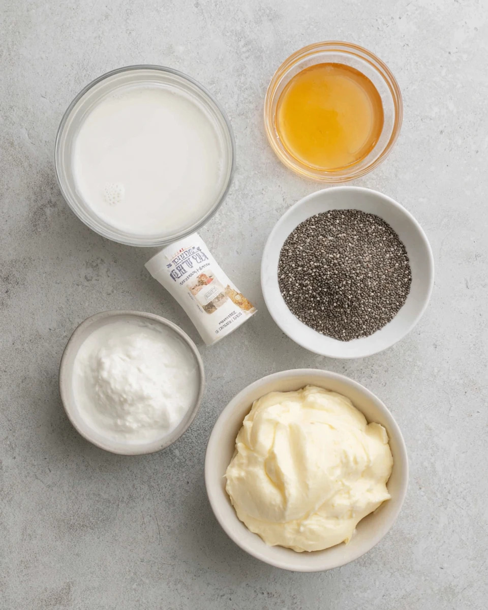 Protein chia pudding ingredients laid out on a counter.