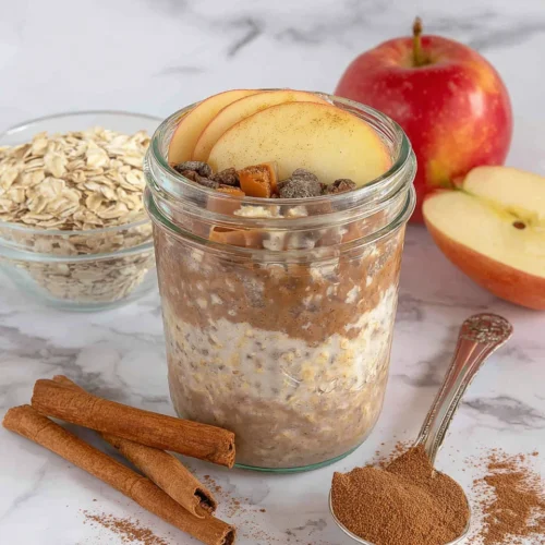 Protein overnight oats with apple and cinnamon for a nutritious breakfast.