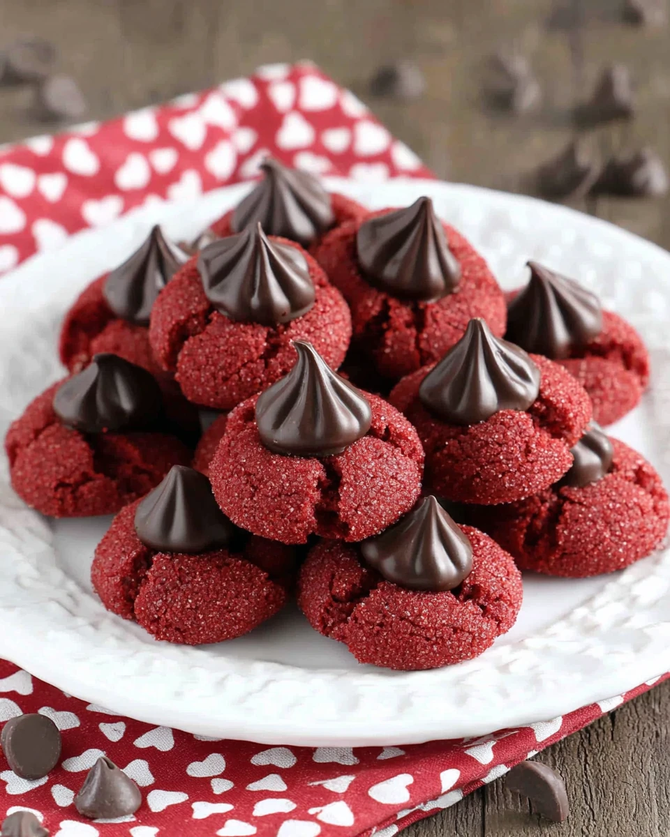 Irresistible Red Velvet Blossom Cookies Delicious red velvet blossoms with chocolate kisses for any celebration.
