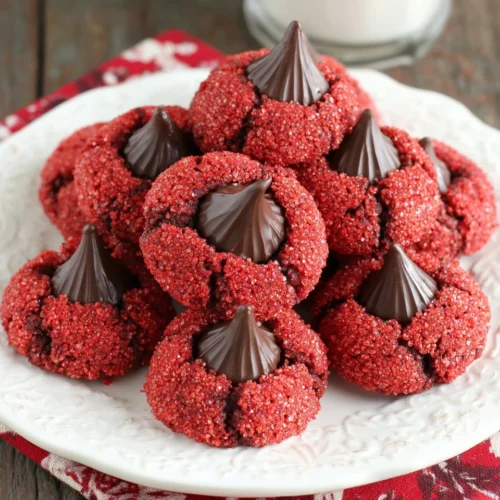 Indulgent Red Velvet Blossoms for Sweet Moments 1 Red velvet blossoms cookies featuring vibrant colors and chocolate kisses.