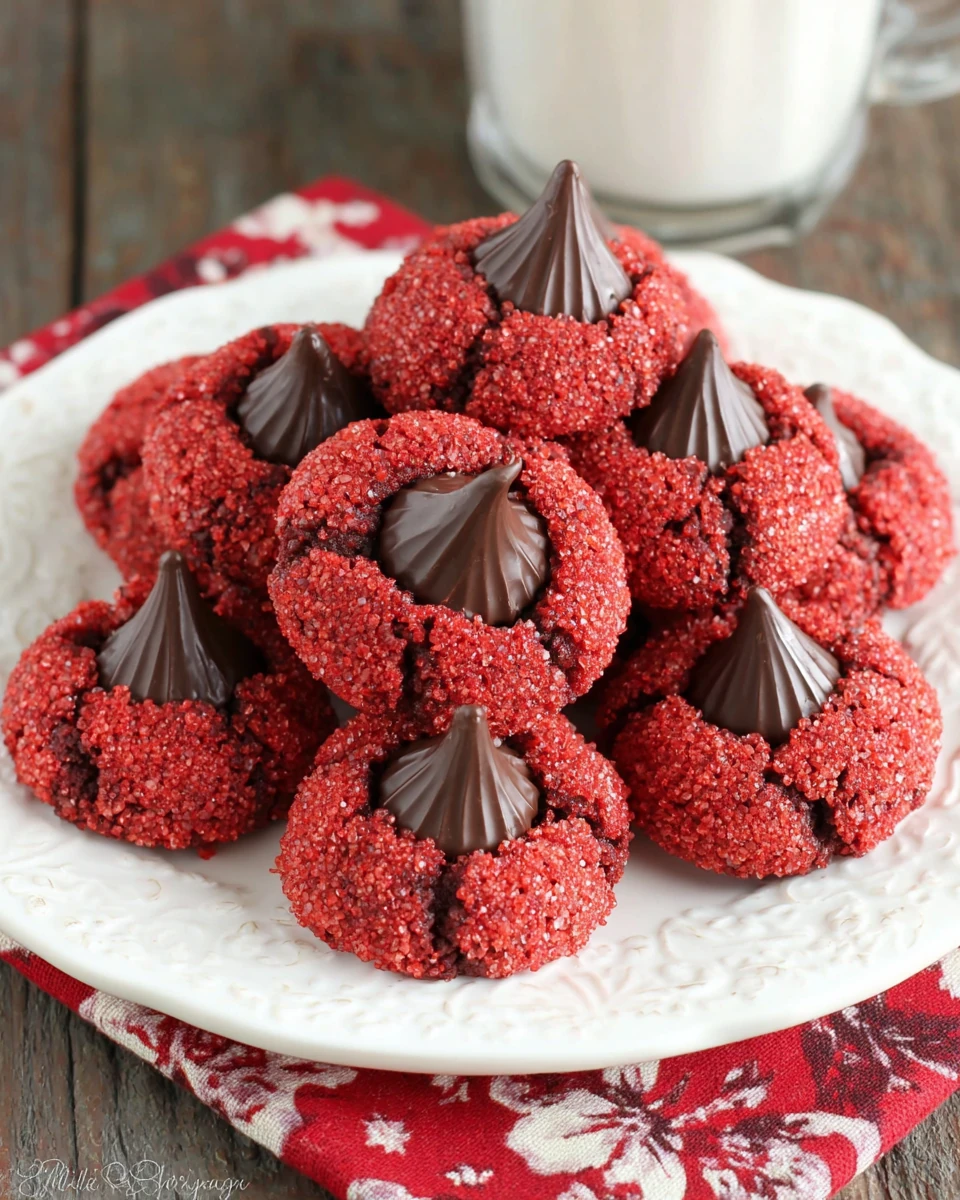 Red velvet blossoms cookies featuring vibrant colors and chocolate kisses.