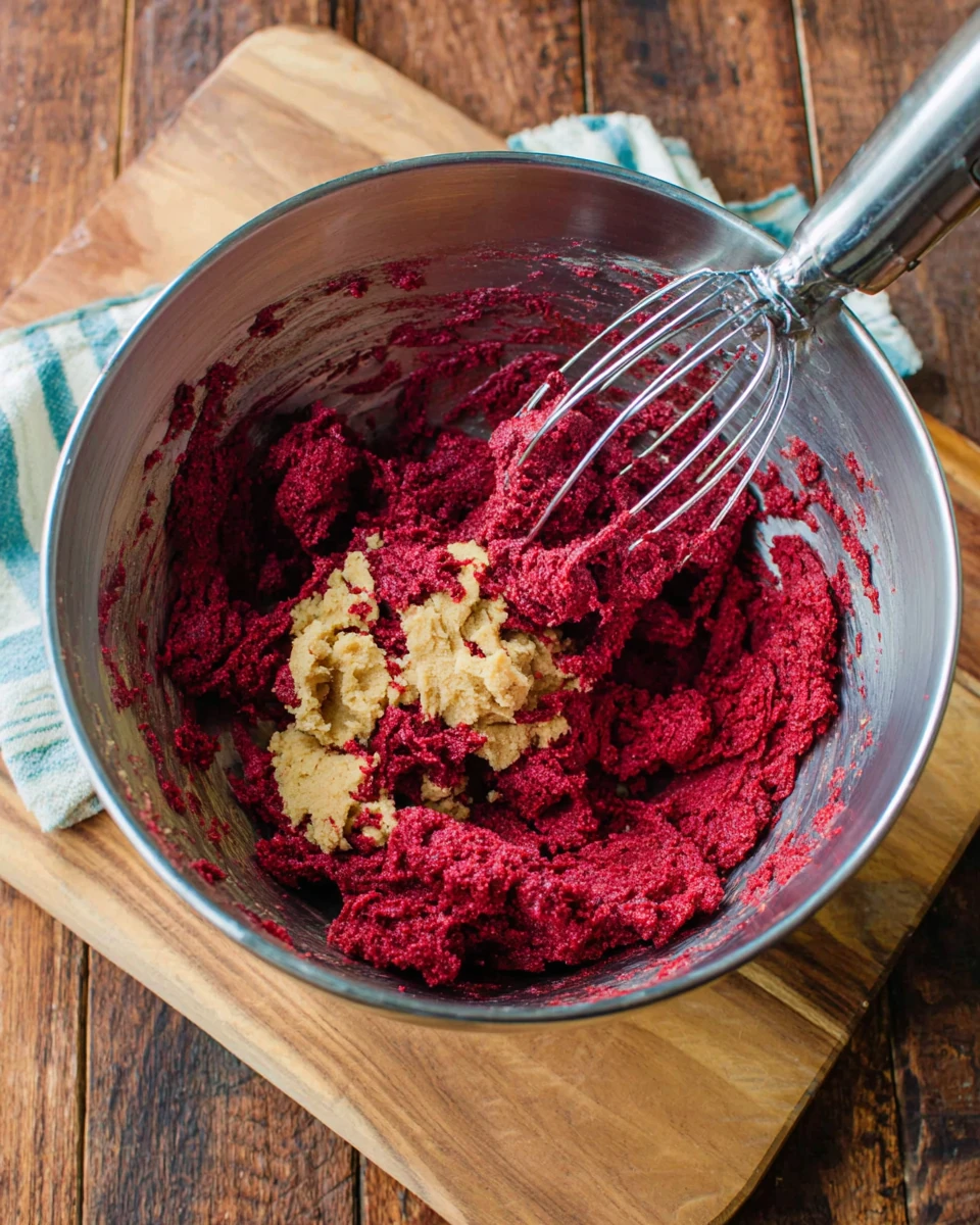 Delicious red velvet cookie dough in a mixing bowl.