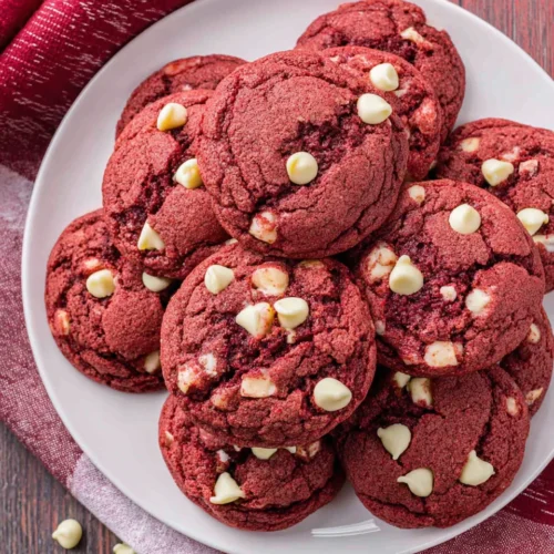 Delicious red velvet cookies with white chocolate chips.