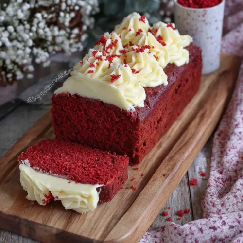 Delicious red velvet loaf cake topped with cream cheese frosting.