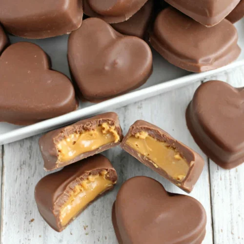 Delicious Reese's Hearts, chocolate-covered peanut butter treats.