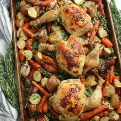 Delicious roast chicken with root vegetables recipe.