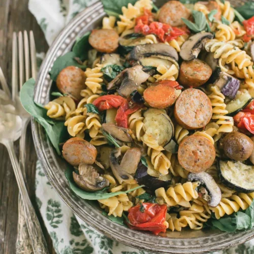 Roasted Vegetable & Chicken Sausage Sheet Pan Pasta: Easy and Delicious 1 Roasted Vegetable & Chicken Sausage Sheet Pan Pasta dish.