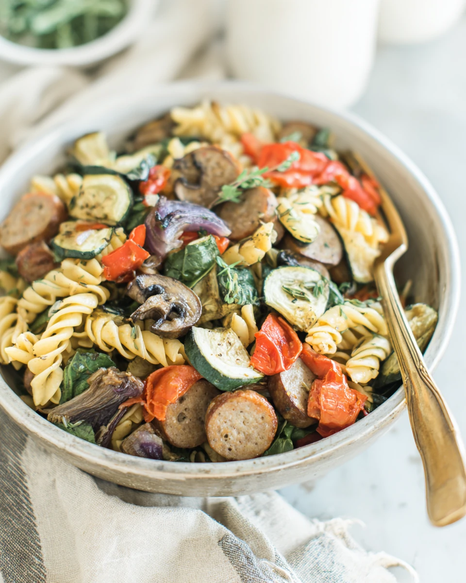 Delicious Roasted Vegetable & Chicken Sausage Sheet Pan Pasta Roasted Vegetable & Chicken Sausage Sheet Pan Pasta.