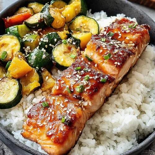A vibrant salmon bowl with rice and mixed vegetables