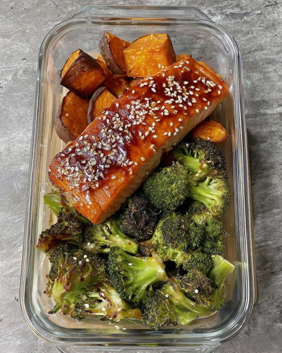 Healthy salmon meal prep with sweet potatoes and broccoli.