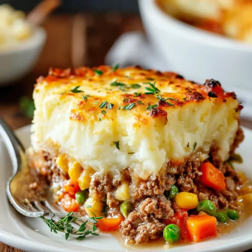 Savory shepherd's pie with mashed potatoes and veggies.