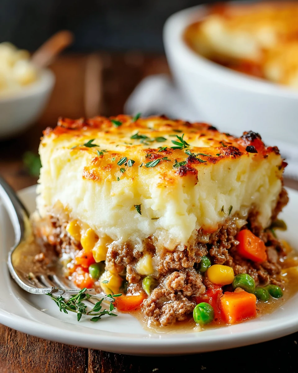 Savory shepherd's pie with mashed potatoes and veggies.
