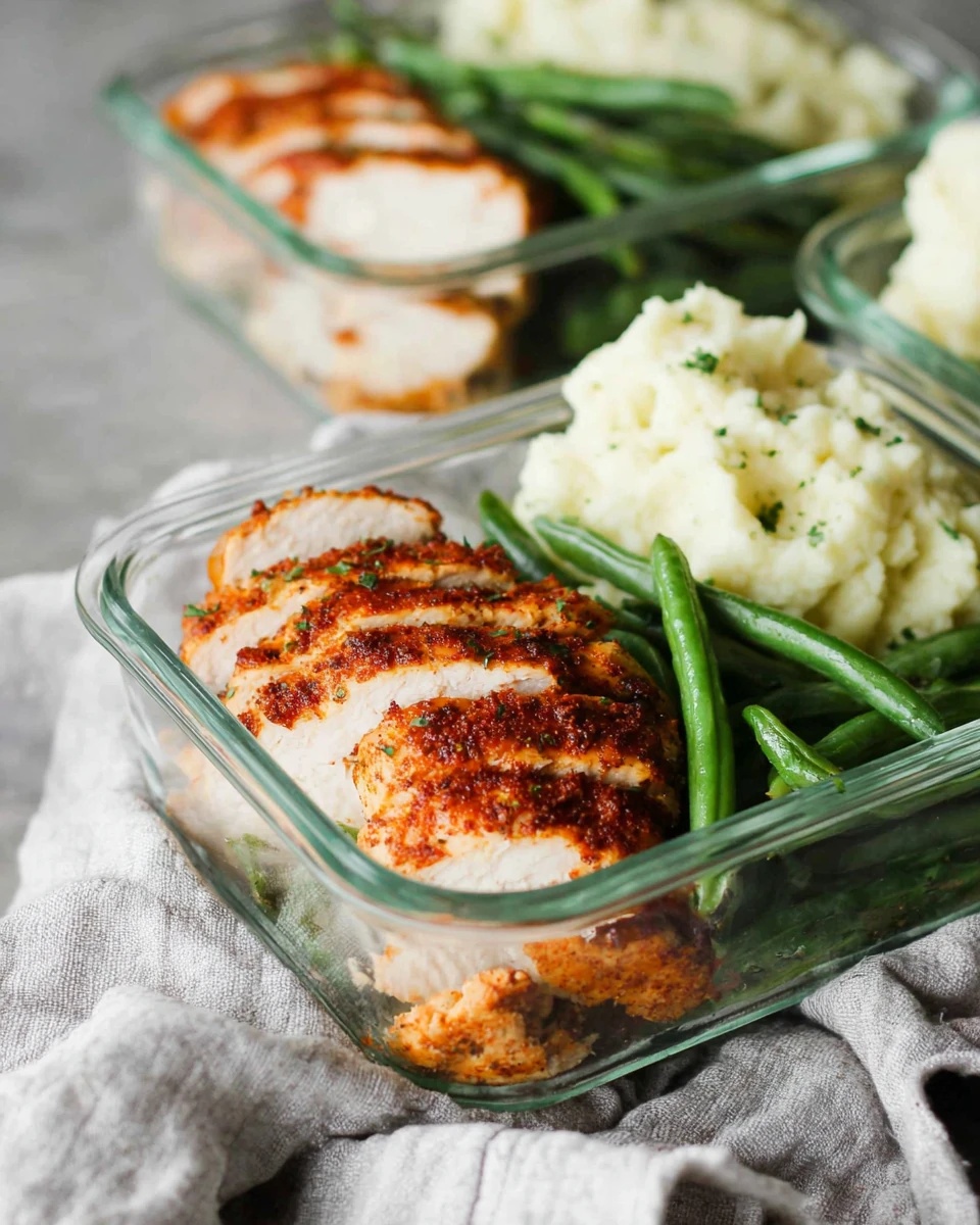 Spicy chicken meal prep with veggies and mashed cauliflower.