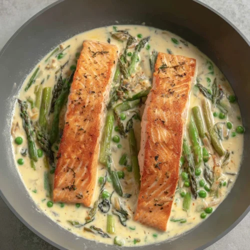Delicious spring salmon recipe with creamy sauce and vegetables.
