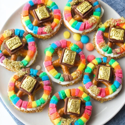 Festive St. Patrick's Day pretzels with rainbow toppings