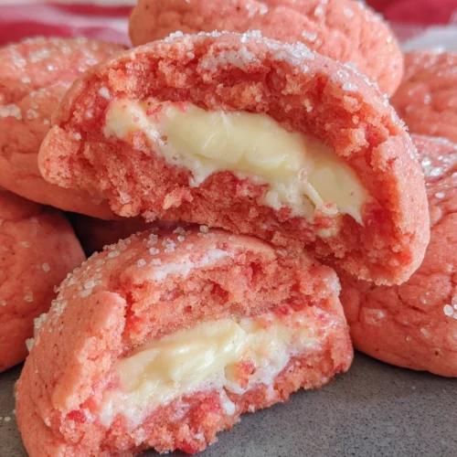 Strawberry cheesecake cookies with a creamy filling and sugar coating.