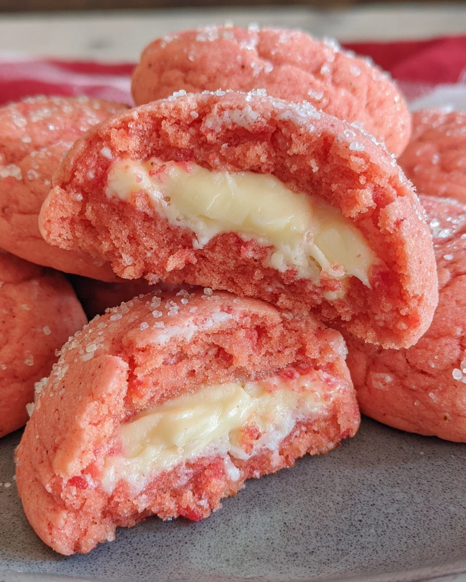 Strawberry cheesecake cookies with a creamy filling and sugar coating.