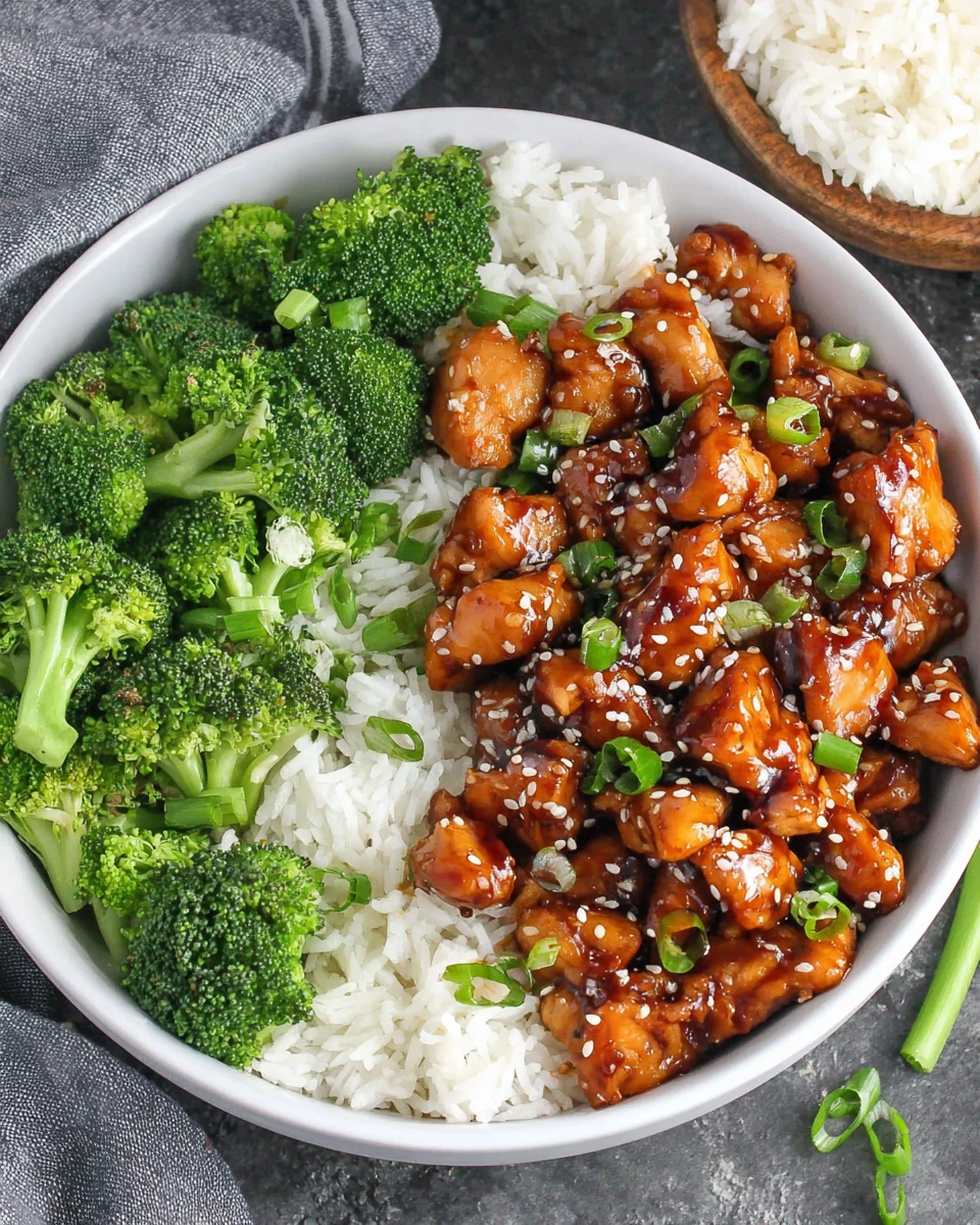 Delicious teriyaki chicken bowl served with rice, broccoli and sesame seeds.
