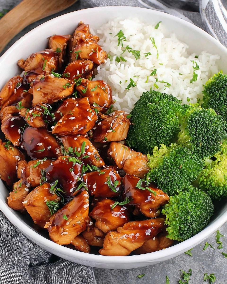 Teriyaki chicken bowl with chicken, broccoli, and rice.
