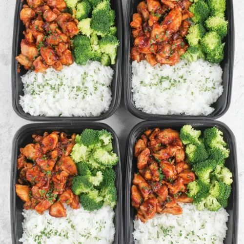 Delicious teriyaki chicken with rice and broccoli meal prep.