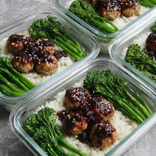 Delicious teriyaki turkey meatballs with rice and broccoli.
