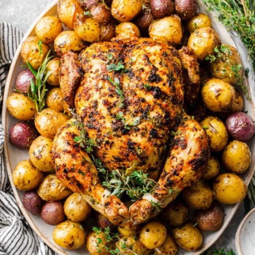 Thanksgiving chicken dish with potatoes, perfect alternative to turkey.