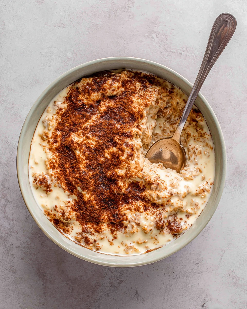 Indulgent tiramisu overnight oats in a bowl, perfect for breakfast.