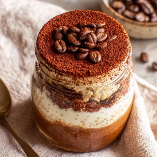 Delicious tiramisu overnight oats for breakfast.