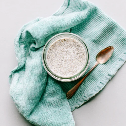 Delicious vanilla chia pudding in a jar, perfect breakfast option.