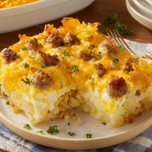 Casserole Hash Browns and Eggs: A Deliciously Easy Meal 1 Casserole hash browns and eggs served on a plate.
