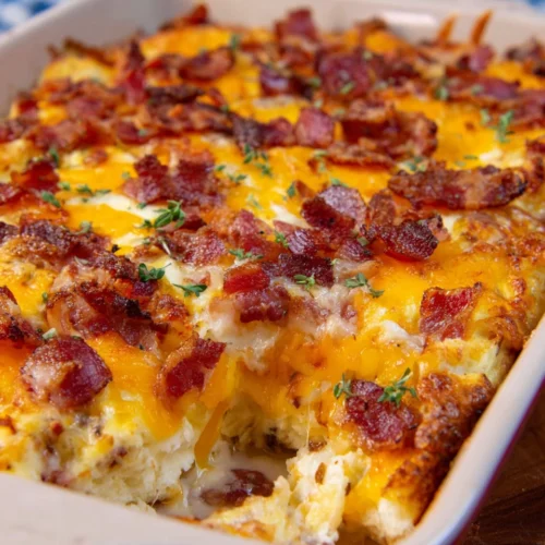 Cheesy Bacon and Egg Casserole: A Comforting Delight 1 Cheesy bacon and egg casserole; perfect for breakfast or brunch