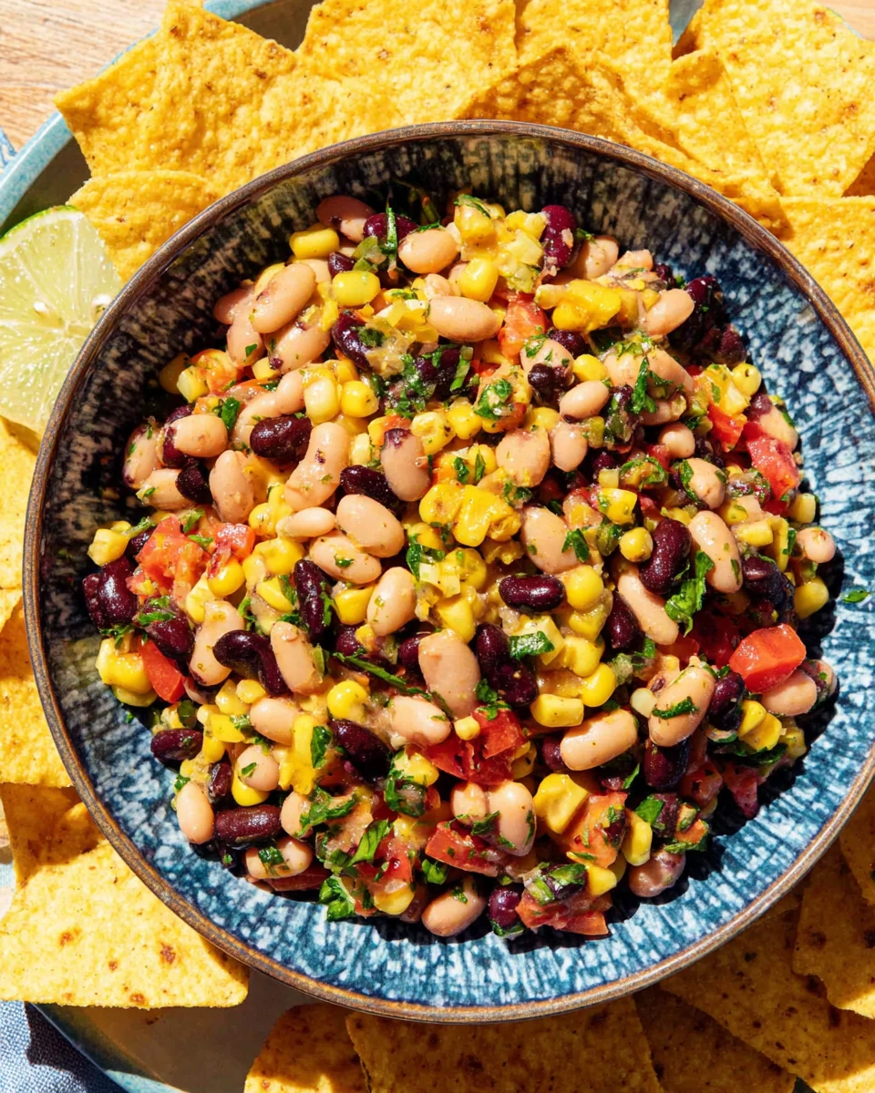 Cowboy Caviar Dip with Tortilla Chips Delicious cowboy caviar dip with fresh ingredients and tortilla chips.