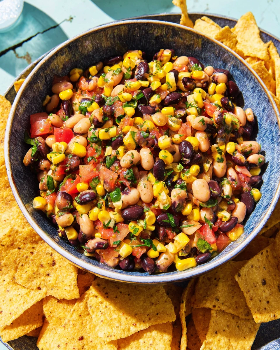 Delicious Cowboy Caviar Recipe Cowboy caviar with beans and colorful veggies served with tortilla chips