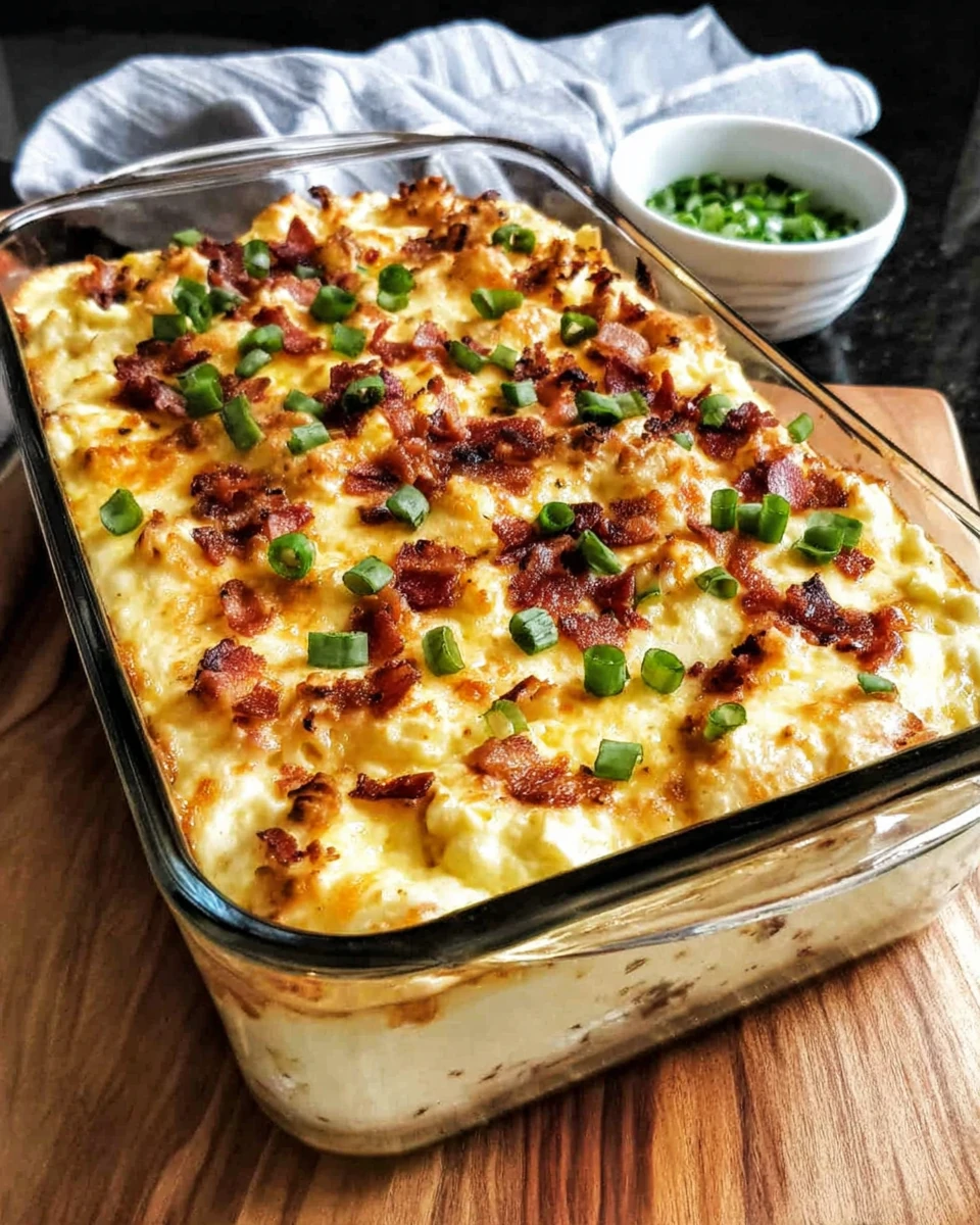 Delicious Deviled Egg Casserole Recipe Deviled egg casserole topped with green onions in a baking dish.