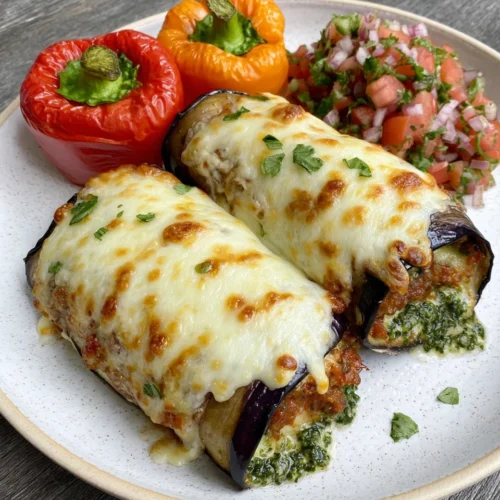 Delicious eggplant parmesan rollatini with bell peppers and salsa.