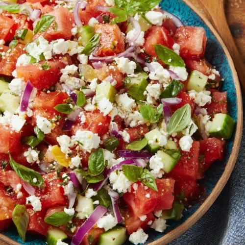 Greek Watermelon Feta Salad: A Refreshing Delight 1 Refreshing Greek watermelon feta salad with juicy watermelon and feta cheese.
