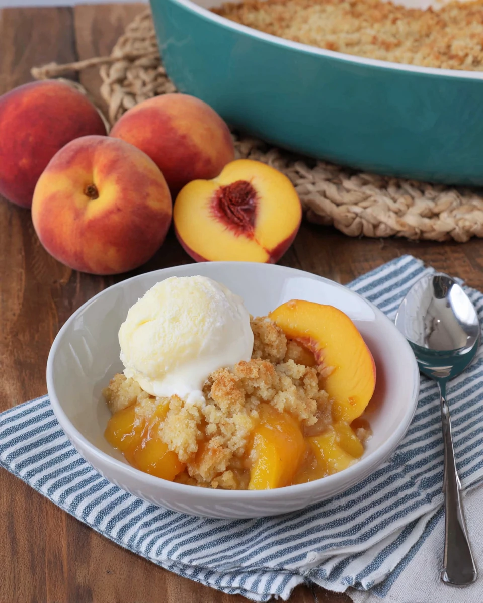 Homemade Peach Cobbler Dessert Homemade peach cobbler with ice cream.